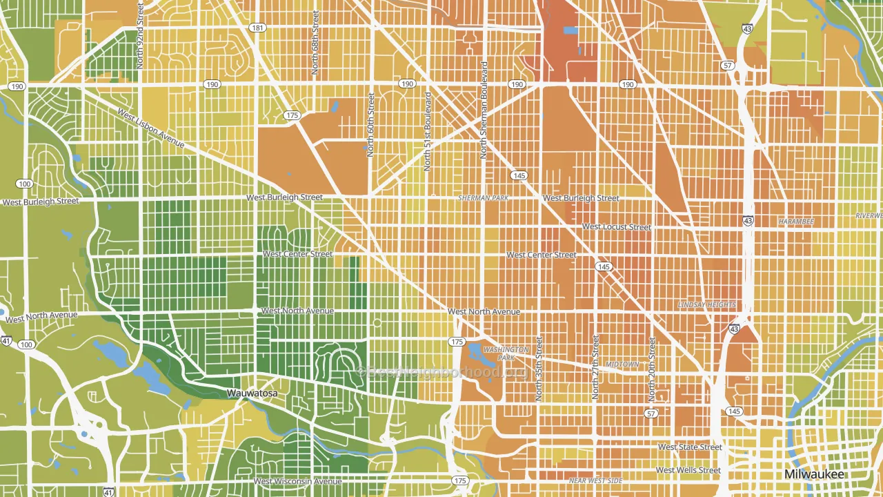 Map of the best neighborhoods in the 53210 area, with better matches in green and worse matches in red