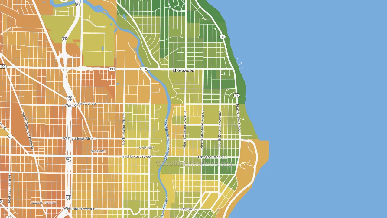 Map of the best neighborhoods in the 53211 area, with better matches in green and worse matches in red