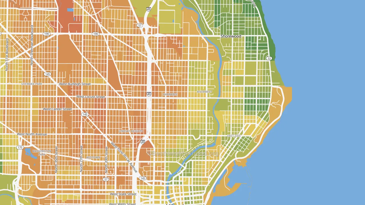 Map of the best neighborhoods in the 53212 area, with better matches in green and worse matches in red