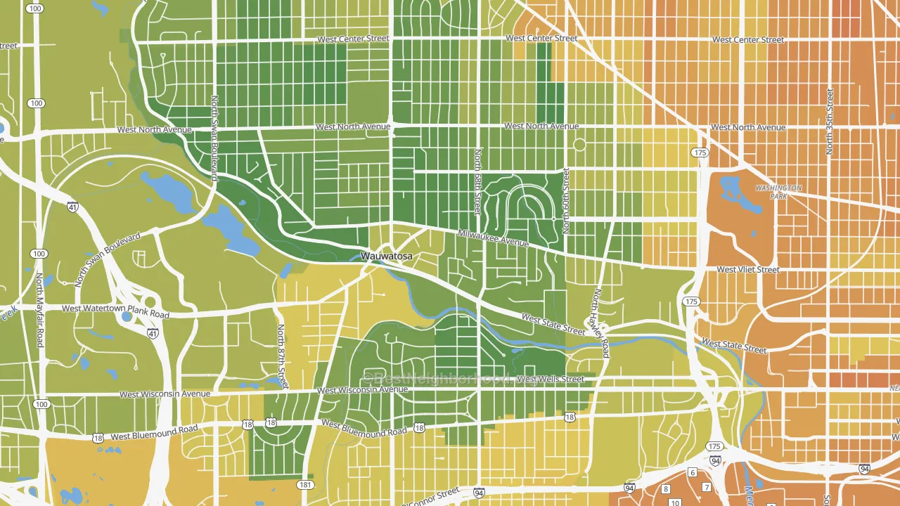 Map of the best neighborhoods in the 53213 area, with better matches in green and worse matches in red