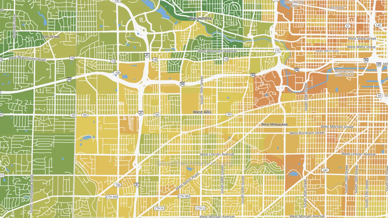 Map of the best neighborhoods in the 53214 area, with better matches in green and worse matches in red