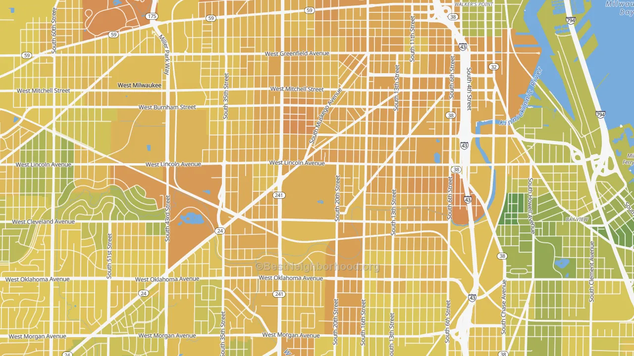 Map of the best neighborhoods in the 53215 area, with better matches in green and worse matches in red
