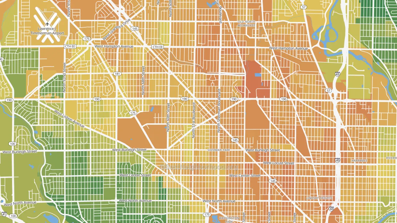 Map of the best neighborhoods in the 53216 area, with better matches in green and worse matches in red