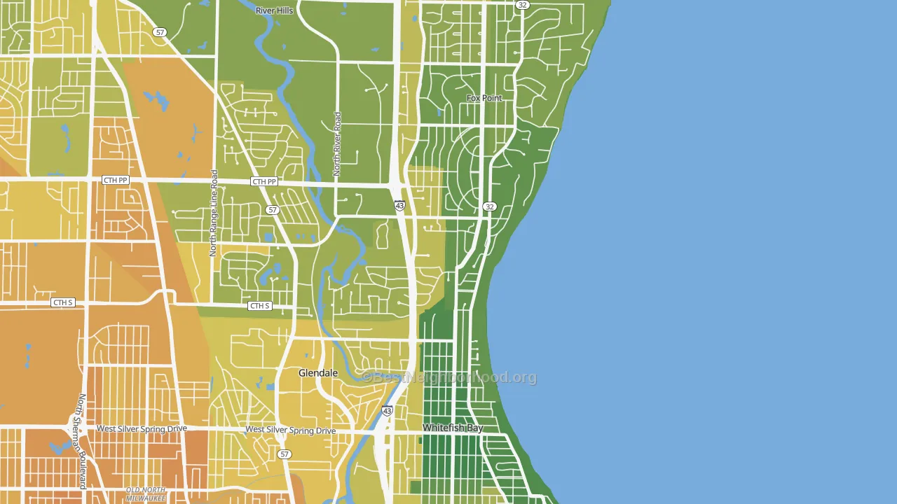 Map of the best neighborhoods in the 53217 area, with better matches in green and worse matches in red