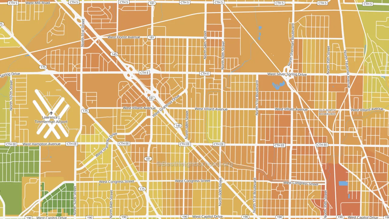 Map of the best neighborhoods in the 53218 area, with better matches in green and worse matches in red