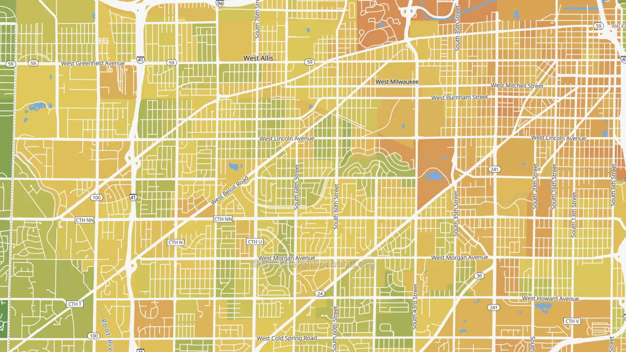 Map of the best neighborhoods in the 53219 area, with better matches in green and worse matches in red