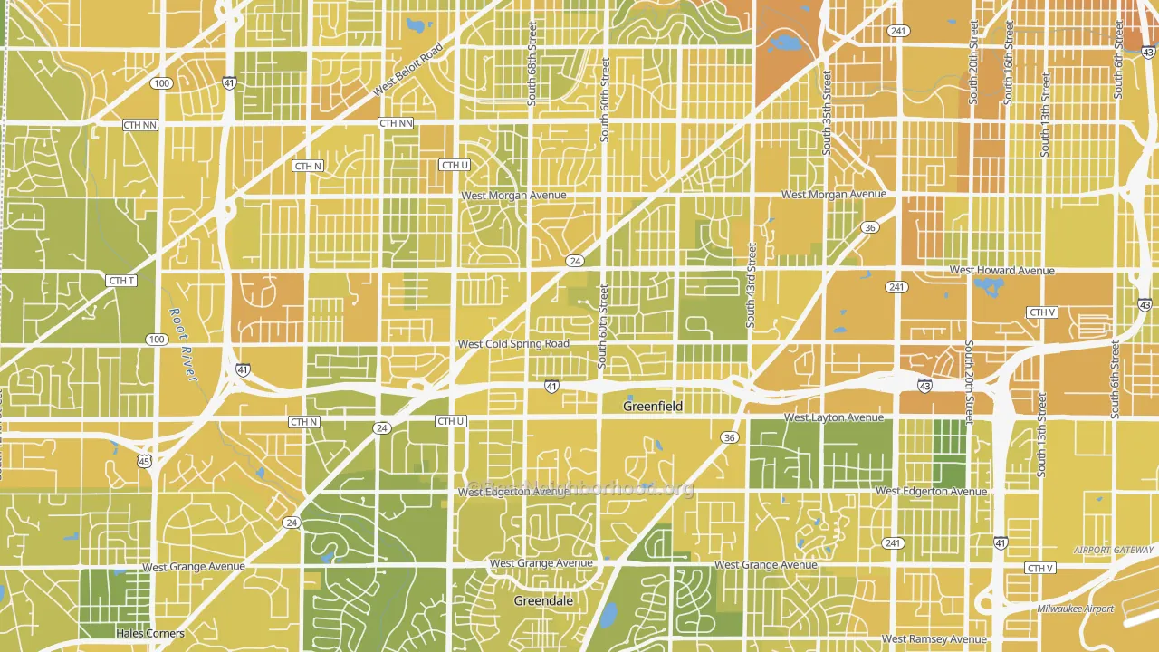 Map of the best neighborhoods in the 53220 area, with better matches in green and worse matches in red