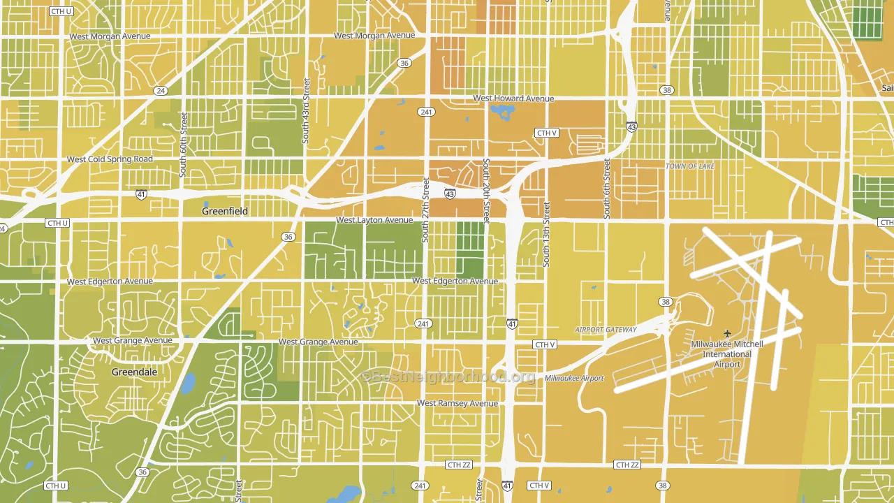 Map of the best neighborhoods in the 53221 area, with better matches in green and worse matches in red