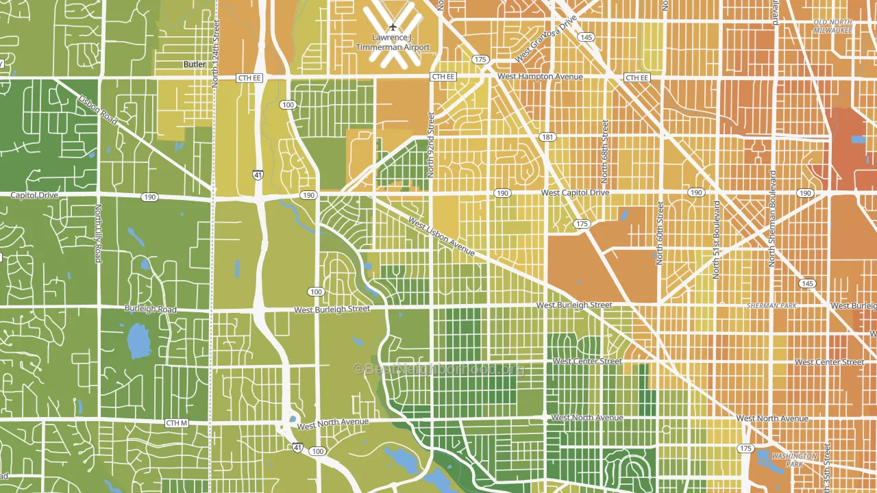 Map of the best neighborhoods in the 53222 area, with better matches in green and worse matches in red