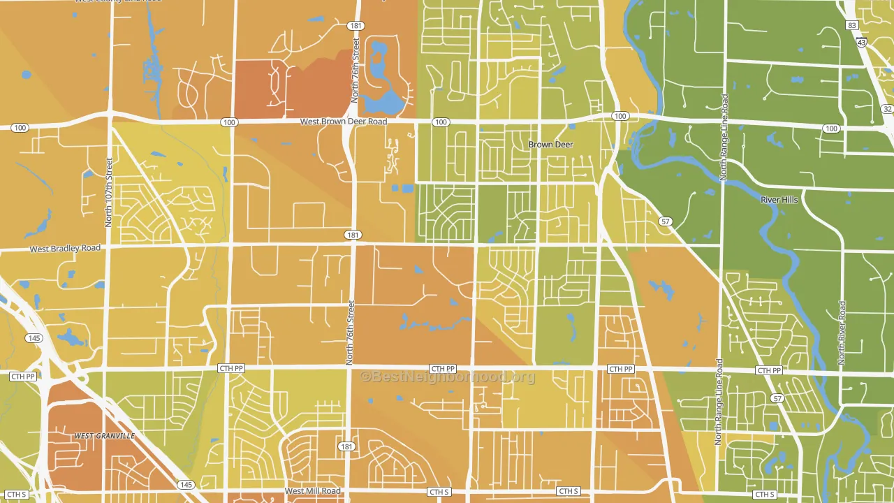 Map of the best neighborhoods in the 53223 area, with better matches in green and worse matches in red