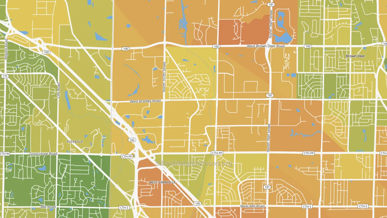 Map of the best neighborhoods in the 53224 area, with better matches in green and worse matches in red
