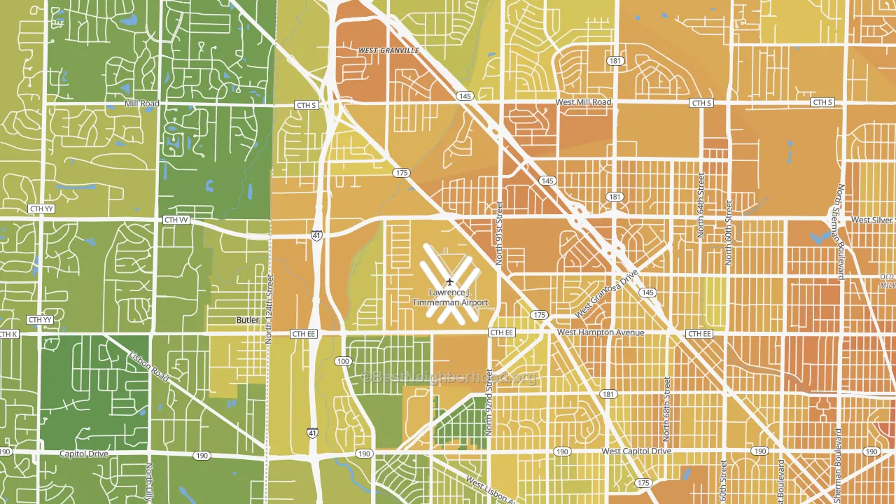 Map of the best neighborhoods in the 53225 area, with better matches in green and worse matches in red