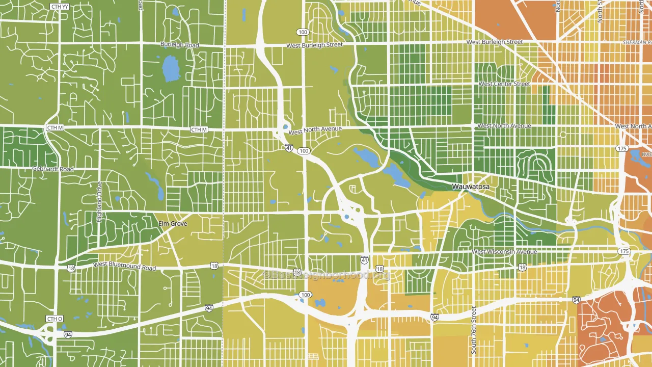 Map of the best neighborhoods in the 53226 area, with better matches in green and worse matches in red