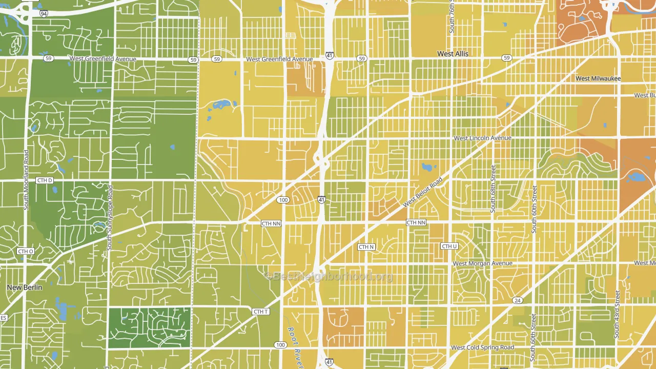 Map of the best neighborhoods in the 53227 area, with better matches in green and worse matches in red