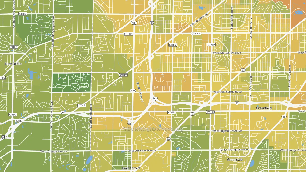 Map of the best neighborhoods in the 53228 area, with better matches in green and worse matches in red