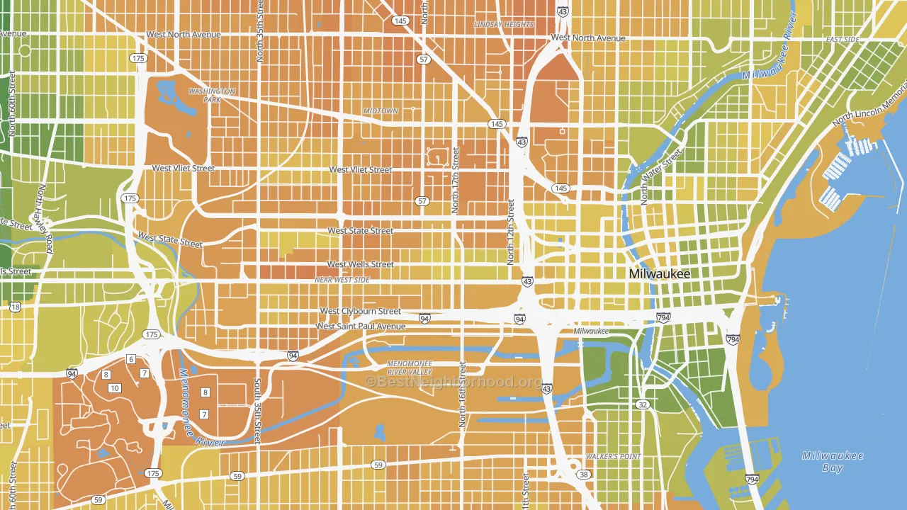 Map of the best neighborhoods in the 53233 area, with better matches in green and worse matches in red