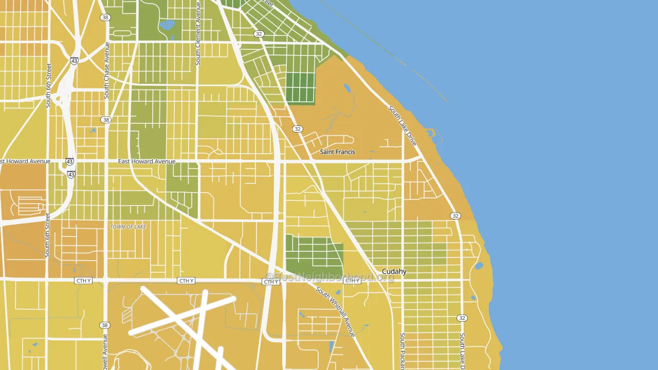 Map of the best neighborhoods in the 53235 area, with better matches in green and worse matches in red