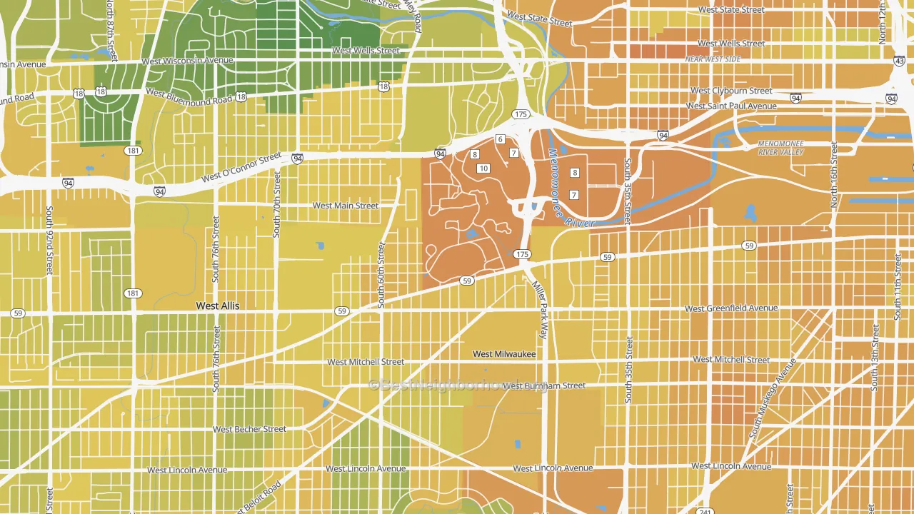 Map of the best neighborhoods in the 53295 area, with better matches in green and worse matches in red