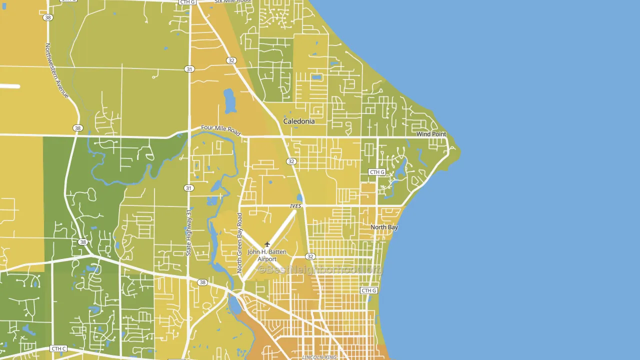 Map of the best neighborhoods in the 53402 area, with better matches in green and worse matches in red