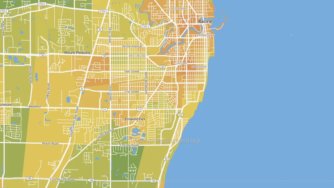 Map of the best neighborhoods in the 53403 area, with better matches in green and worse matches in red