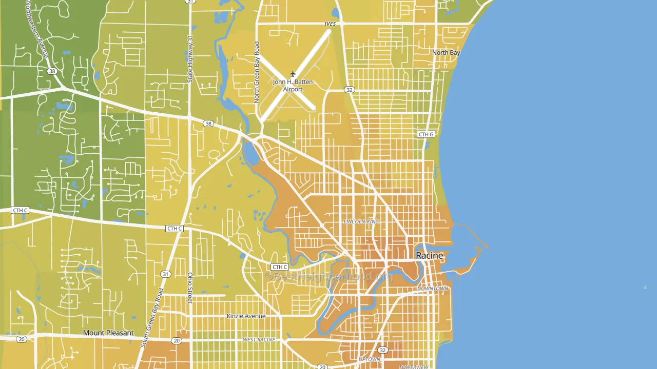 Map of the best neighborhoods in the 53404 area, with better matches in green and worse matches in red