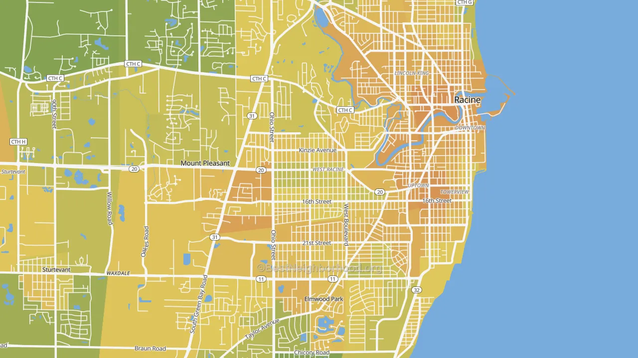 Map of the best neighborhoods in the 53405 area, with better matches in green and worse matches in red