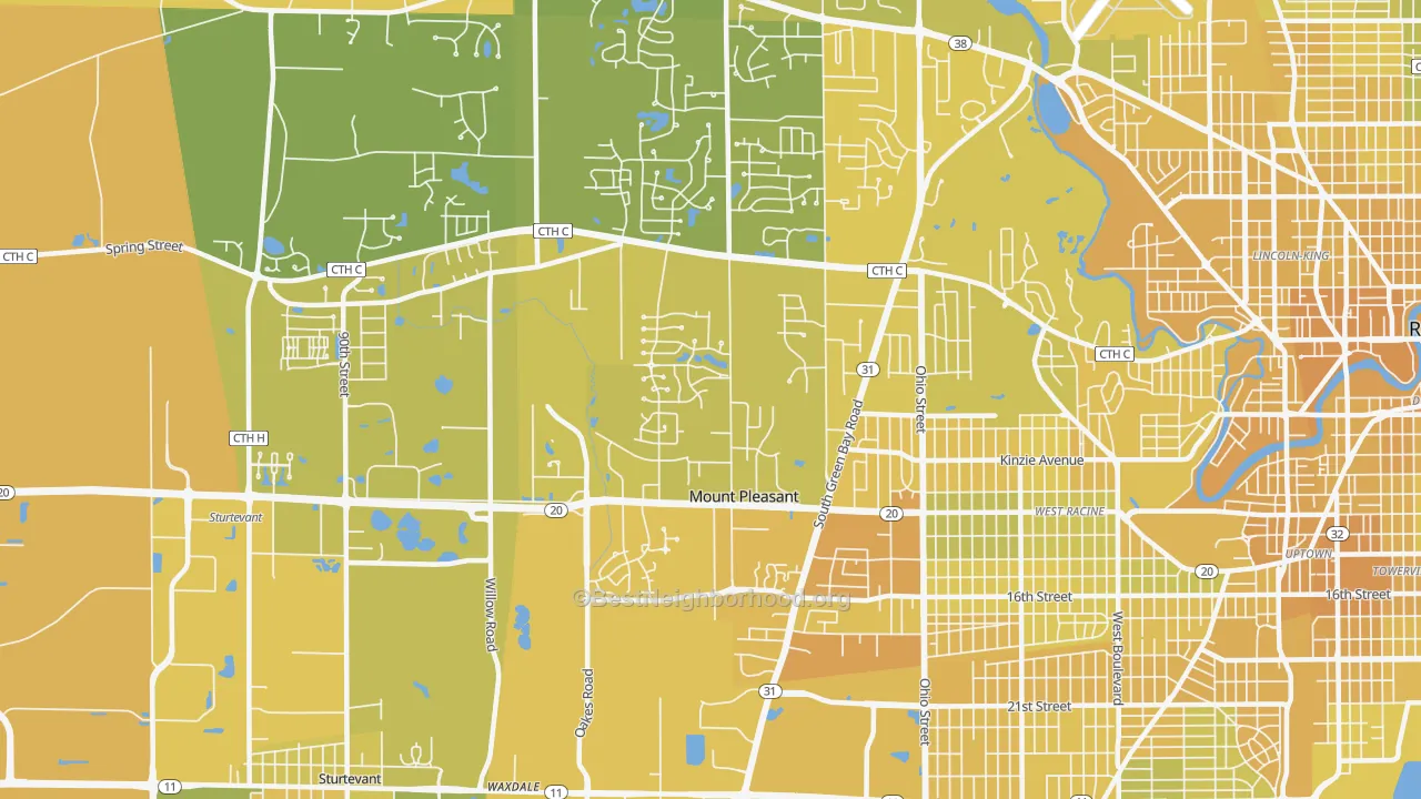 Map of the best neighborhoods in the 53406 area, with better matches in green and worse matches in red