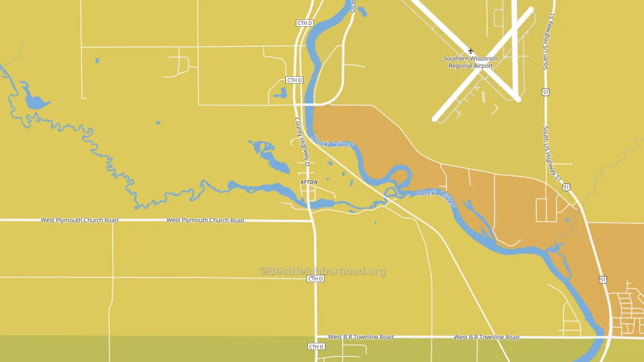 Map of the best neighborhoods in the 53501 area, with better matches in green and worse matches in red