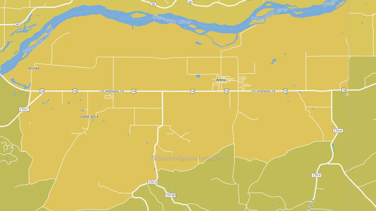 Map of the best neighborhoods in the 53503 area, with better matches in green and worse matches in red