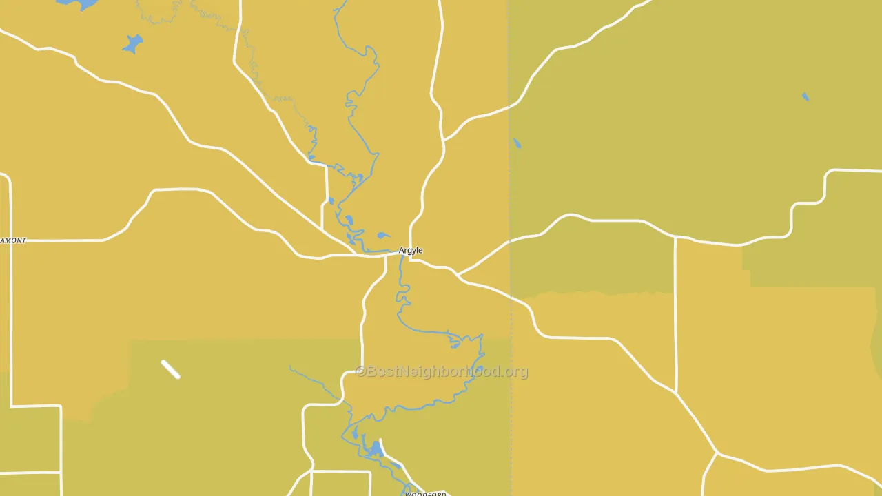 Map of the best neighborhoods in the 53504 area, with better matches in green and worse matches in red