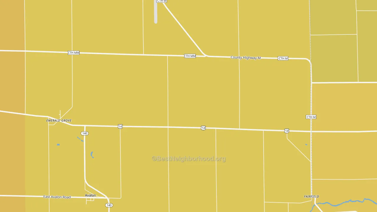 Map of the best neighborhoods in the 53505 area, with better matches in green and worse matches in red