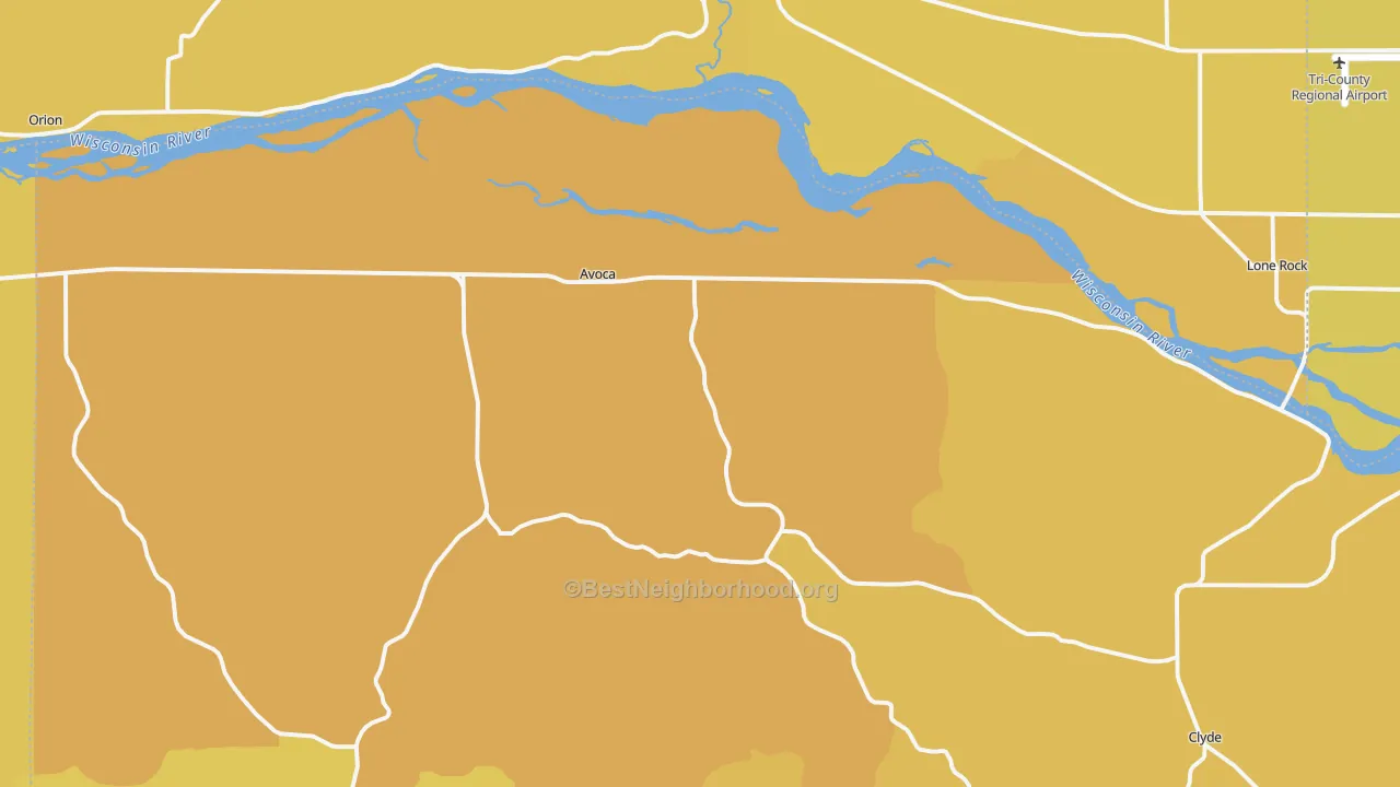 Map of the best neighborhoods in the 53506 area, with better matches in green and worse matches in red