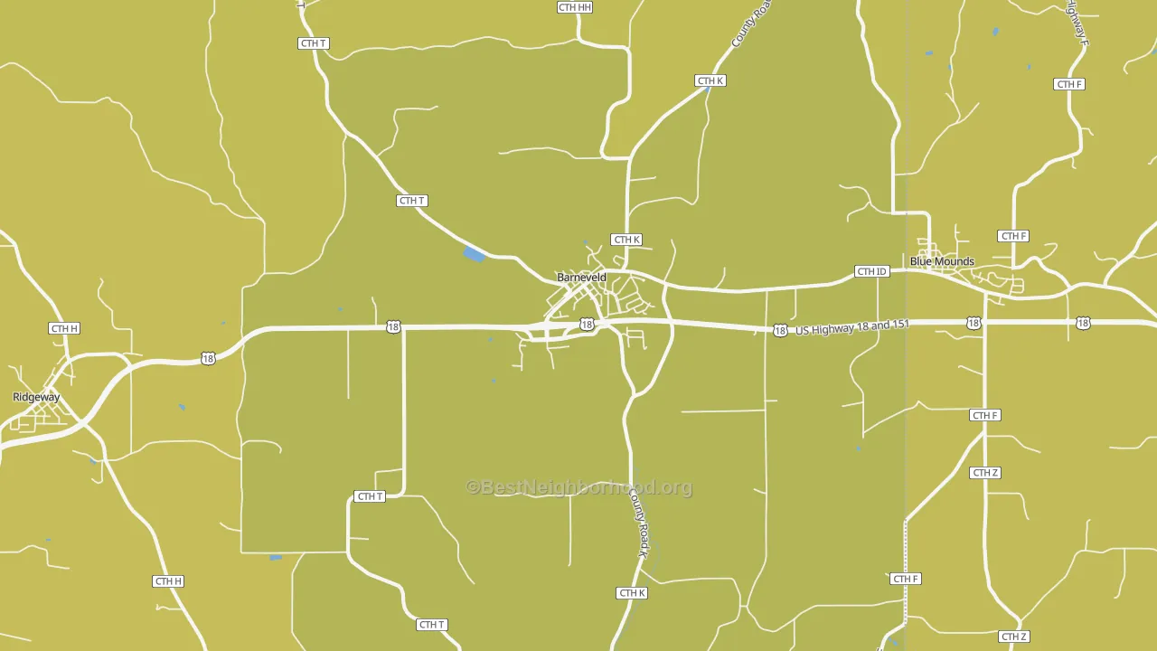 Map of the best neighborhoods in the 53507 area, with better matches in green and worse matches in red