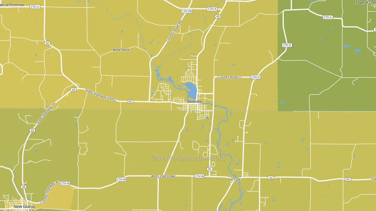 Map of the best neighborhoods in the 53508 area, with better matches in green and worse matches in red