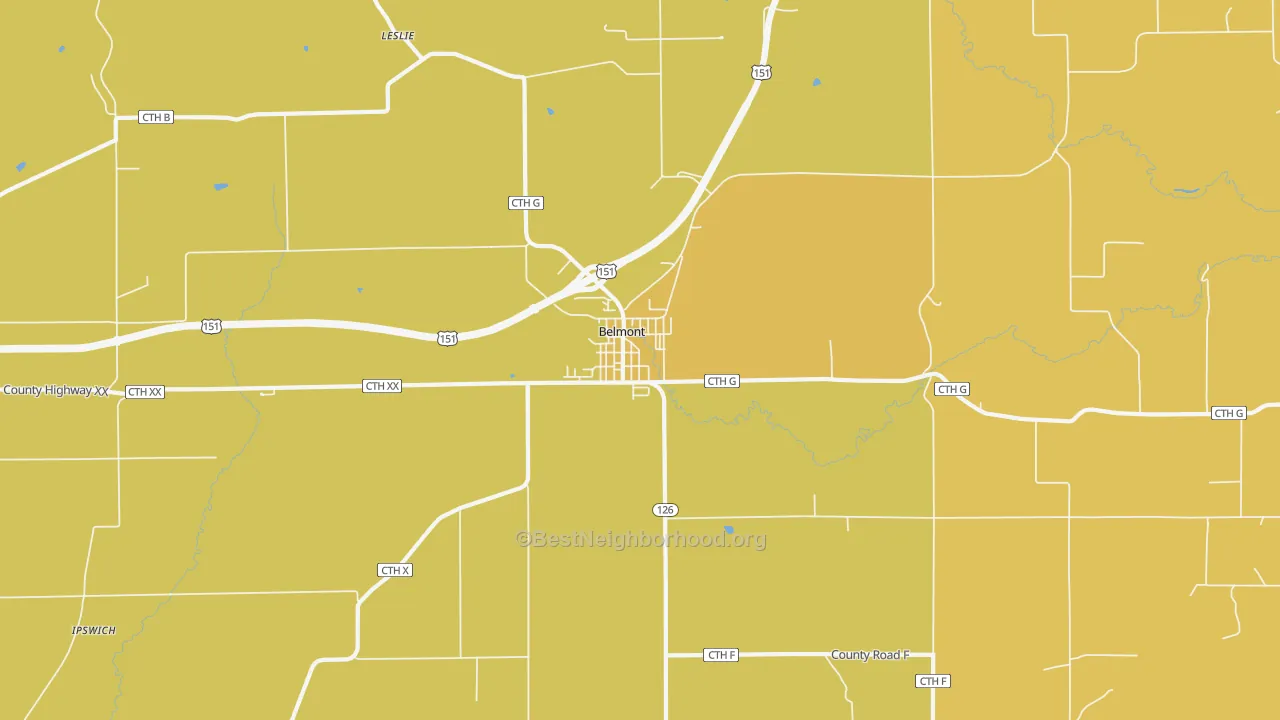 Map of the best neighborhoods in the 53510 area, with better matches in green and worse matches in red