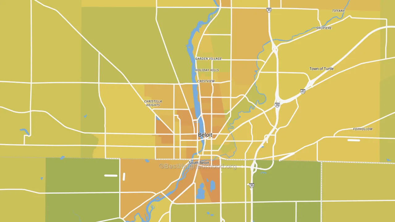 Map of the best neighborhoods in the 53511 area, with better matches in green and worse matches in red