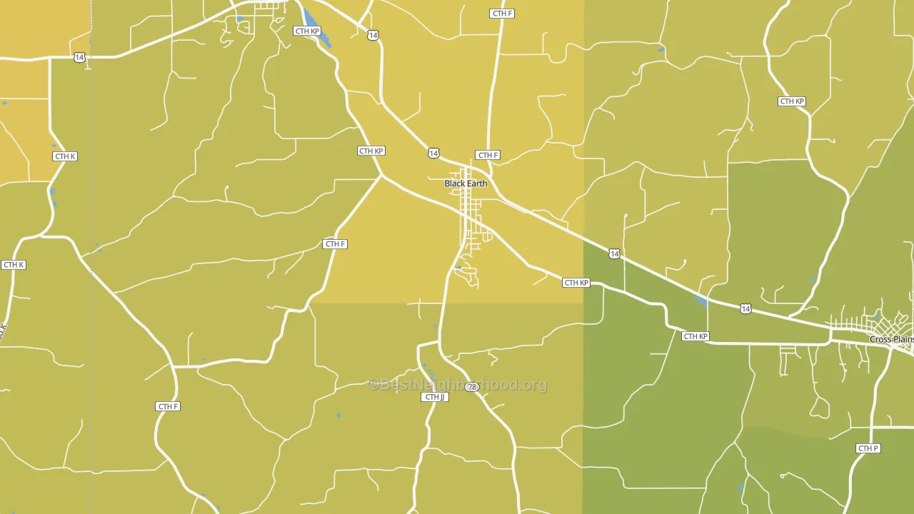 Map of the best neighborhoods in the 53515 area, with better matches in green and worse matches in red