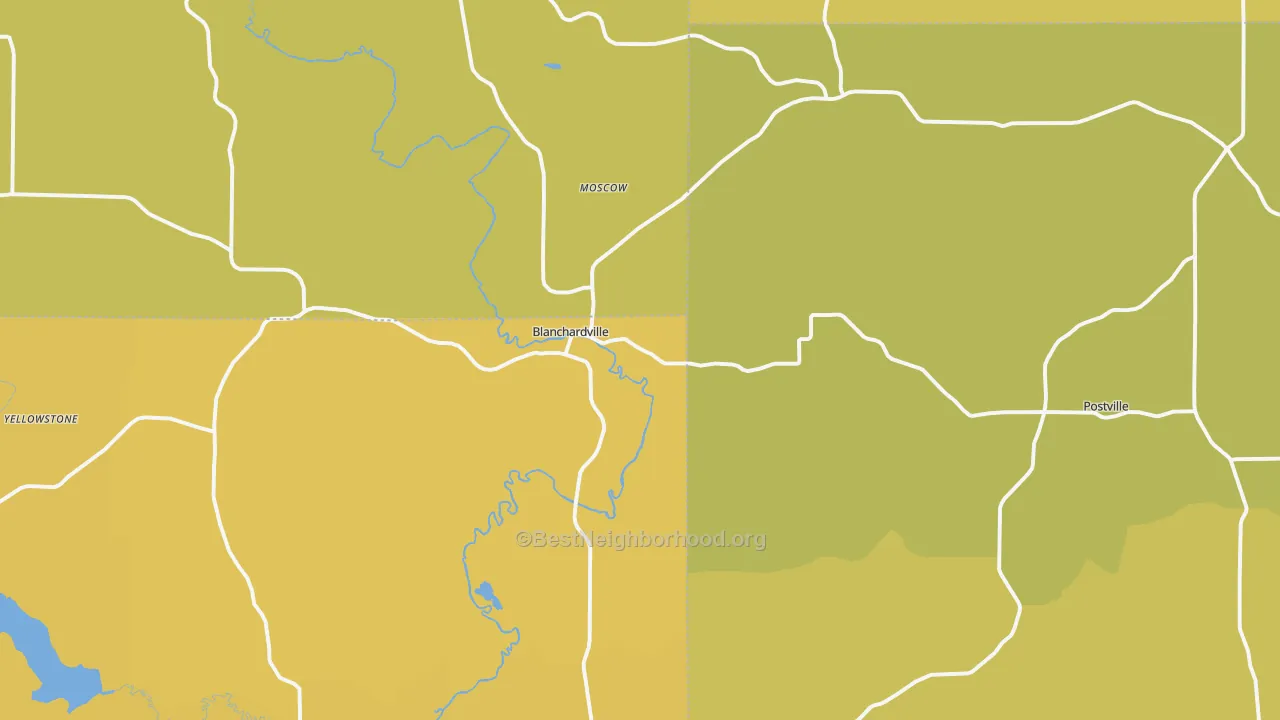 Map of the best neighborhoods in the 53516 area, with better matches in green and worse matches in red
