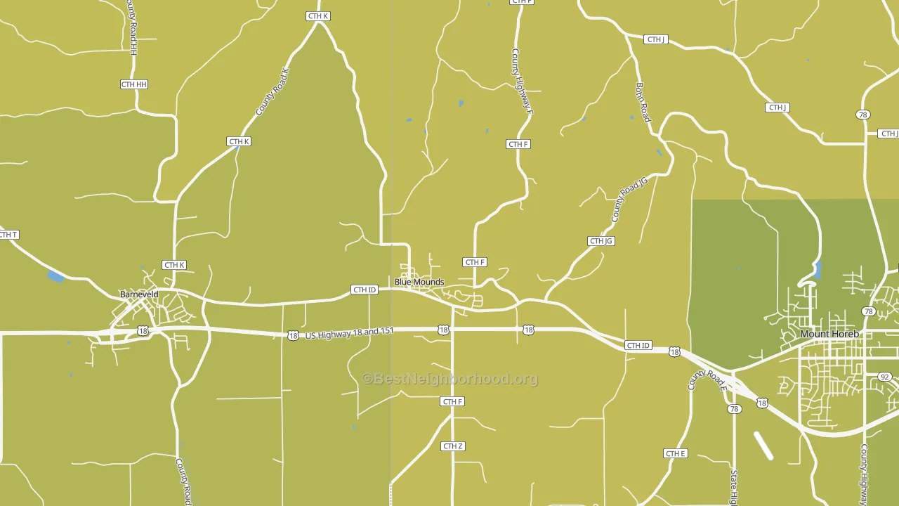 Map of the best neighborhoods in the 53517 area, with better matches in green and worse matches in red