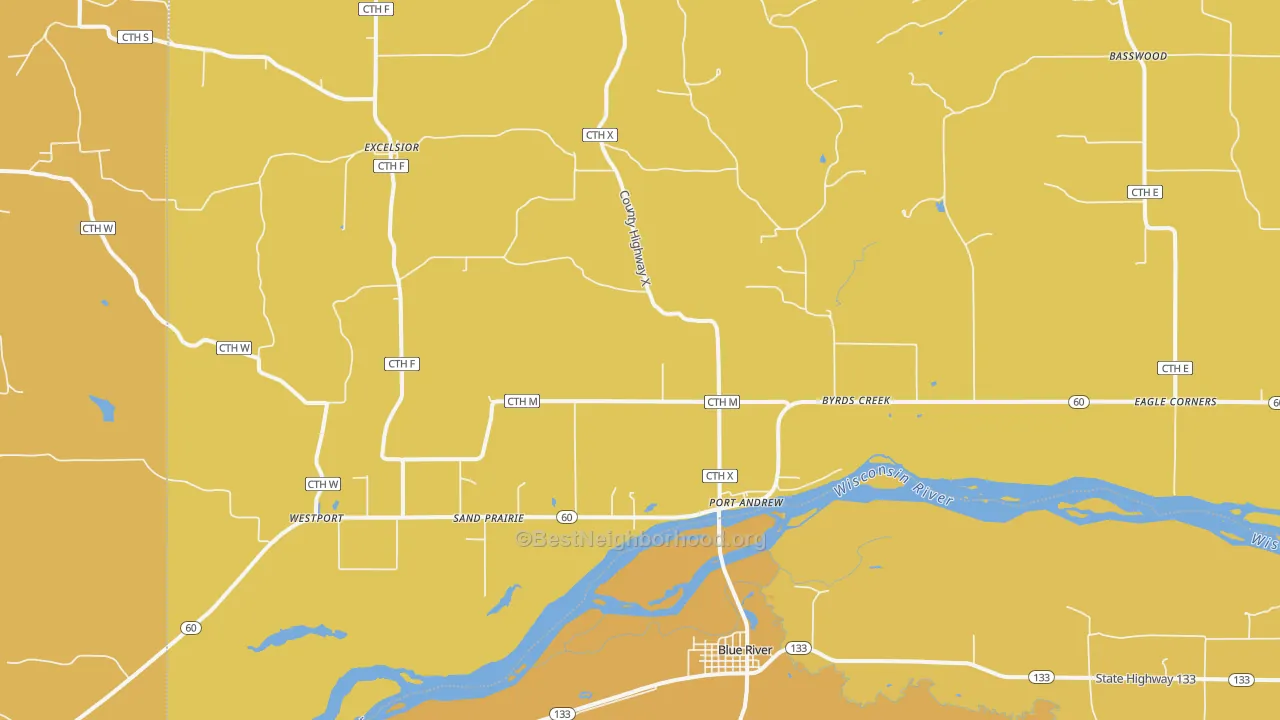Map of the best neighborhoods in the 53518 area, with better matches in green and worse matches in red