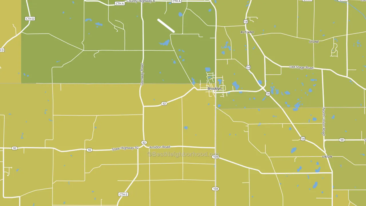 Map of the best neighborhoods in the 53521 area, with better matches in green and worse matches in red