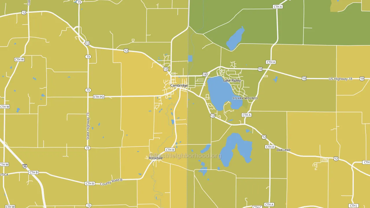 Map of the best neighborhoods in the 53523 area, with better matches in green and worse matches in red