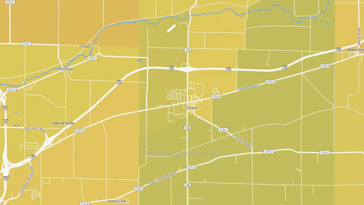 Map of the best neighborhoods in the 53525 area, with better matches in green and worse matches in red