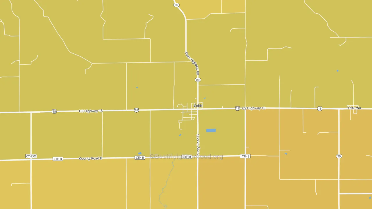 Map of the best neighborhoods in the 53526 area, with better matches in green and worse matches in red
