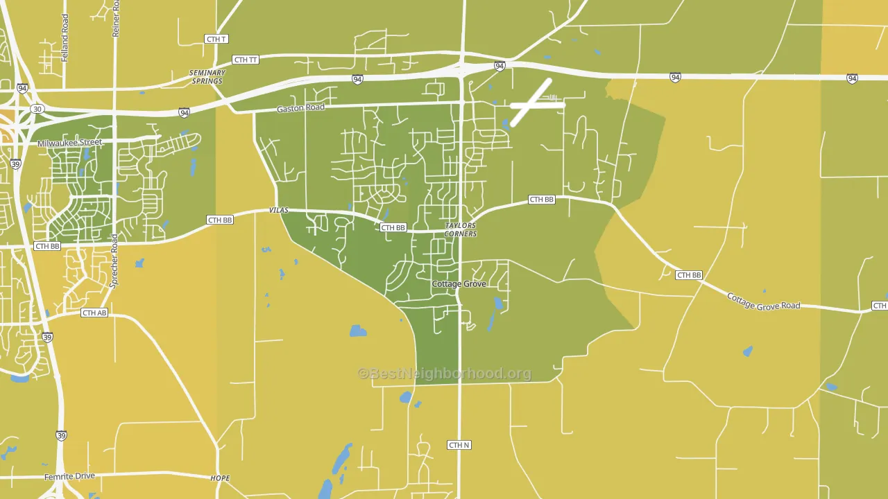 Map of the best neighborhoods in the 53527 area, with better matches in green and worse matches in red