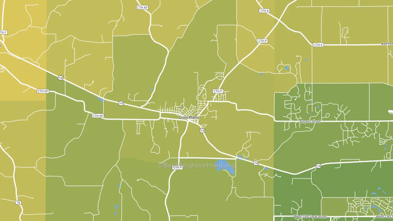 Map of the best neighborhoods in the 53528 area, with better matches in green and worse matches in red