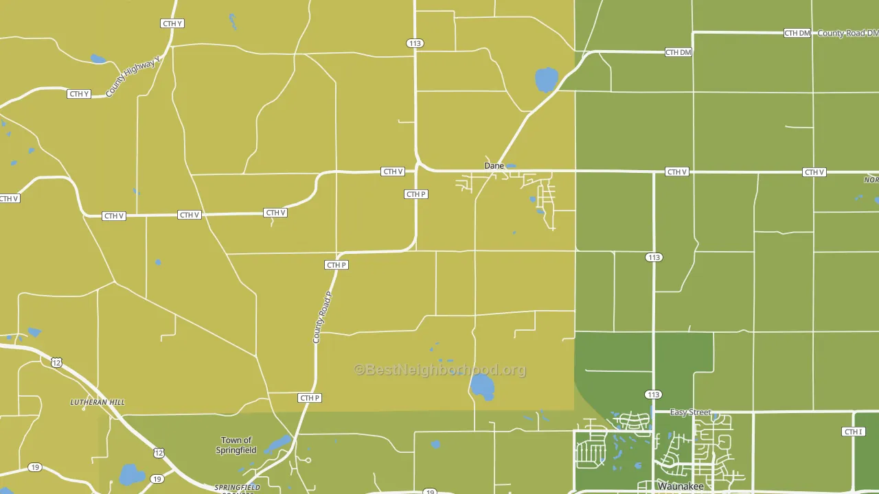Map of the best neighborhoods in the 53529 area, with better matches in green and worse matches in red