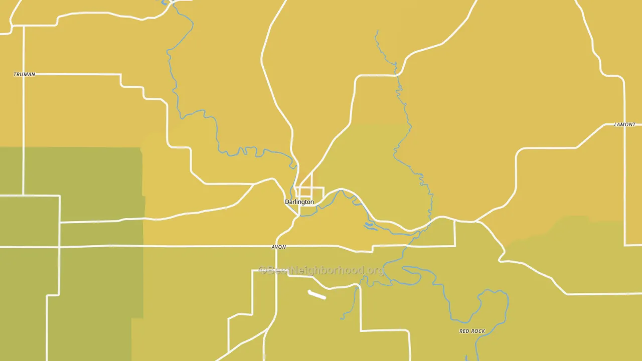 Map of the best neighborhoods in the 53530 area, with better matches in green and worse matches in red