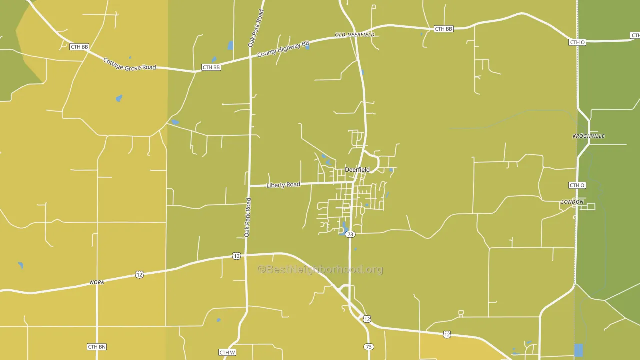 Map of the best neighborhoods in the 53531 area, with better matches in green and worse matches in red