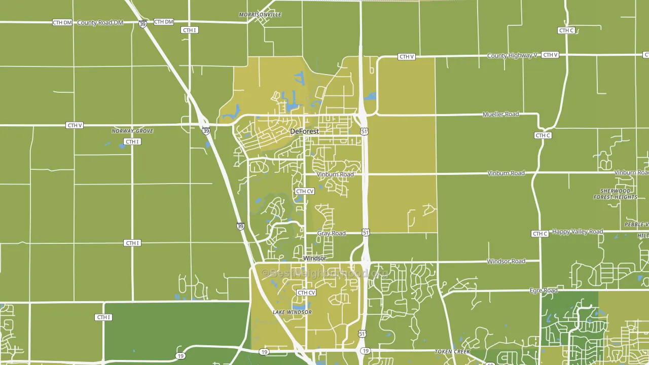 Map of the best neighborhoods in the 53532 area, with better matches in green and worse matches in red